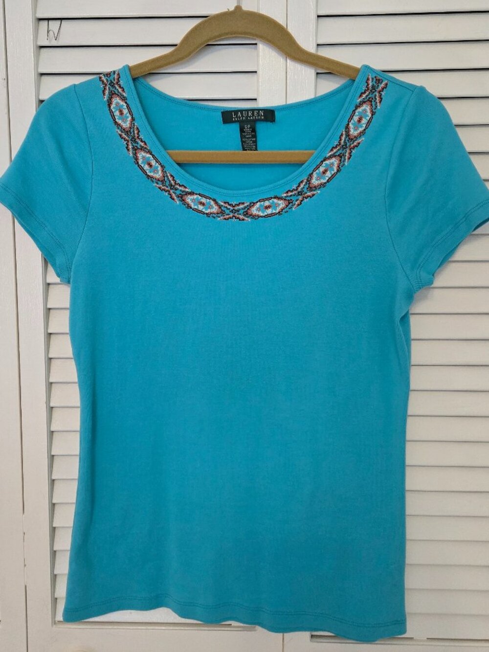 Ralph Lauren Turquoise Blue Top with Embroidered Neckline